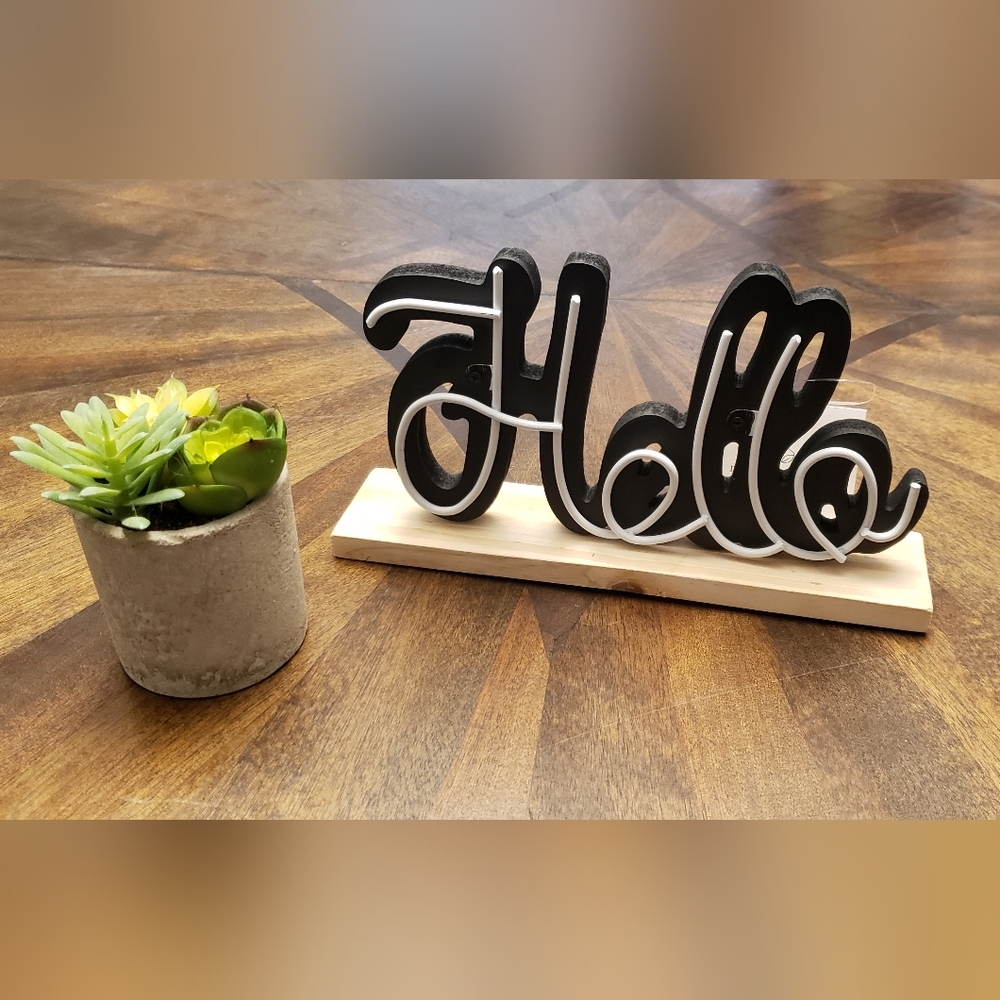 NWT Hello Sign Black & White Decorative Tabletop Accent – Rustic Wood Base